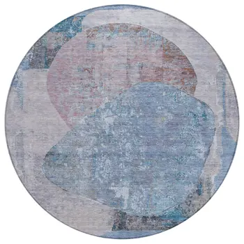 8' Blue And Sky Blue Round Abstract Washable Indoor Outdoor Area Rug