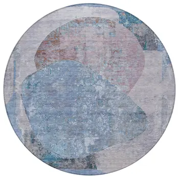 8' Blue And Sky Blue Round Abstract Washable Indoor Outdoor Area Rug