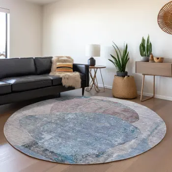8' Blue And Sky Blue Round Abstract Washable Indoor Outdoor Area Rug