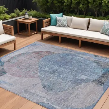 8' X 10' Blue And Sky Blue Abstract Washable Indoor Outdoor Area Rug