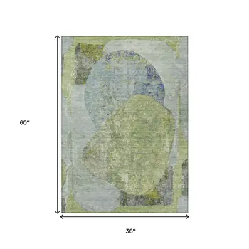 3' X 5' Green And Blue Abstract Washable Indoor Outdoor Area Rug