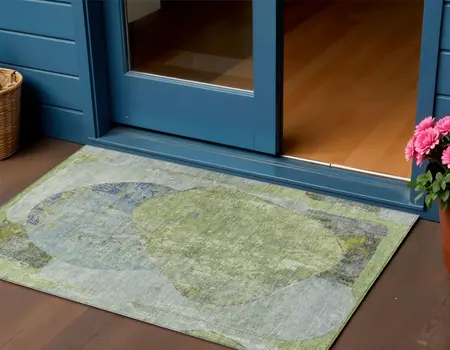 3' X 5' Green And Blue Abstract Washable Indoor Outdoor Area Rug