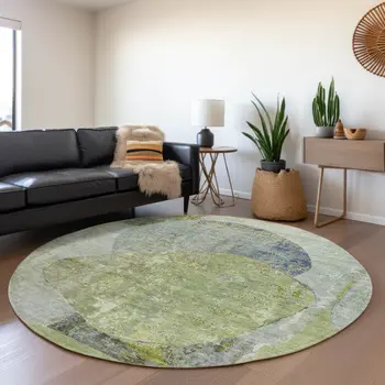 8' Green And Blue Round Abstract Washable Indoor Outdoor Area Rug