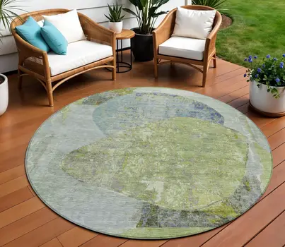 8' Green And Blue Round Abstract Washable Indoor Outdoor Area Rug