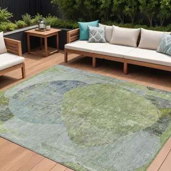 8' X 10' Green And Blue Abstract Washable Indoor Outdoor Area Rug