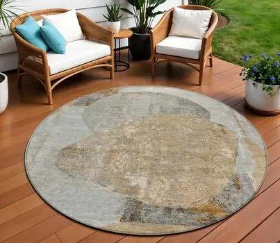 8' Gray And Rust Round Abstract Washable Indoor Outdoor Area Rug