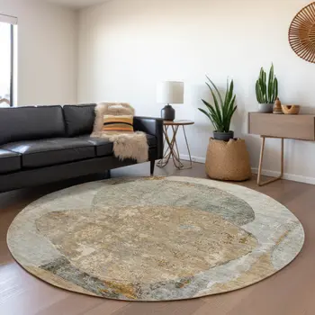 8' Gray And Rust Round Abstract Washable Indoor Outdoor Area Rug