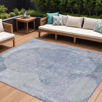 10' X 14' Sky Blue And Denim Blue Abstract Washable Indoor Outdoor Area Rug