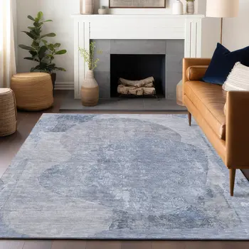 10' X 14' Sky Blue And Denim Blue Abstract Washable Indoor Outdoor Area Rug