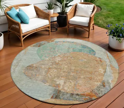 8' Teal Blue And Copper Round Abstract Washable Indoor Outdoor Area Rug