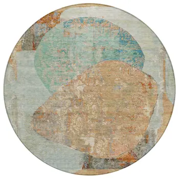 8' Teal Blue And Copper Round Abstract Washable Indoor Outdoor Area Rug