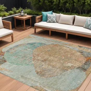 8' X 10' Teal Blue And Copper Abstract Washable Indoor Outdoor Area Rug