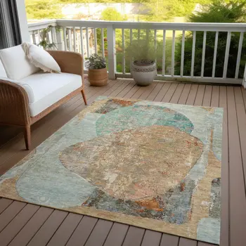 8' X 10' Teal Blue And Copper Abstract Washable Indoor Outdoor Area Rug