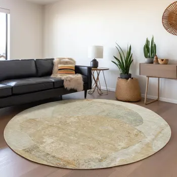 8' Taupe And Beige Round Abstract Washable Indoor Outdoor Area Rug