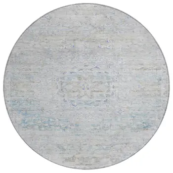 8' Beige And Blue Round Medallion Washable Indoor Outdoor Area Rug