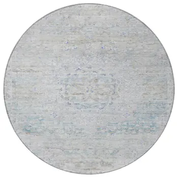 8' Beige And Blue Round Medallion Washable Indoor Outdoor Area Rug
