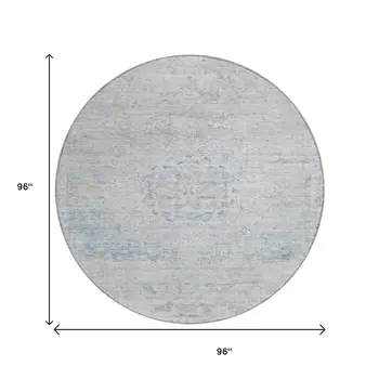 8' Beige And Blue Round Medallion Washable Indoor Outdoor Area Rug