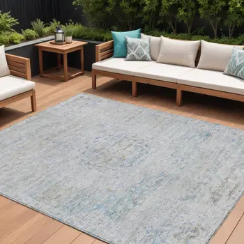 8' X 10' Beige And Blue Medallion Washable Indoor Outdoor Area Rug