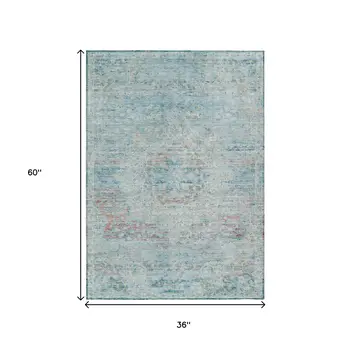 3' X 5' Sky Blue And Blush Medallion Washable Indoor Outdoor Area Rug
