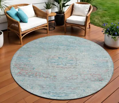 8' Sky Blue And Blush Round Medallion Washable Indoor Outdoor Area Rug