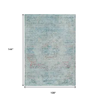 9' X 12' Sky Blue And Blush Medallion Washable Indoor Outdoor Area Rug