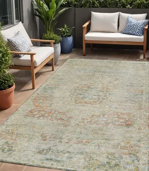 5' X 8' Tan And Beige Medallion Washable Indoor Outdoor Area Rug