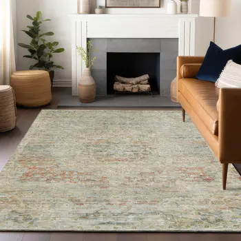 10' X 14' Tan And Beige Medallion Washable Indoor Outdoor Area Rug