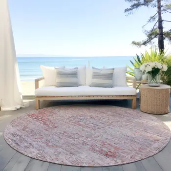 8' Terra Cotta And Beige Round Medallion Washable Indoor Outdoor Area Rug