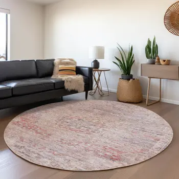 8' Terra Cotta And Beige Round Medallion Washable Indoor Outdoor Area Rug