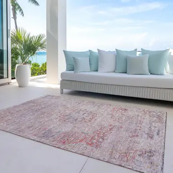10' X 14' Terra Cotta And Beige Medallion Washable Indoor Outdoor Area Rug