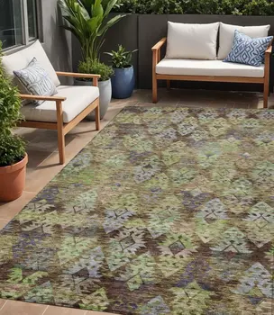5' X 8' Brown Green And Blue Aztec Washable Indoor Outdoor Area Rug