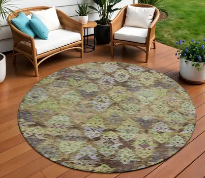 8' Brown Green And Blue Round Aztec Washable Indoor Outdoor Area Rug