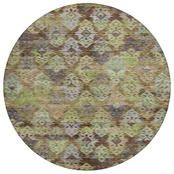 8' Brown Green And Blue Round Aztec Washable Indoor Outdoor Area Rug