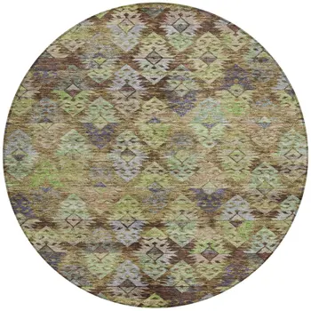 8' Brown Green And Blue Round Aztec Washable Indoor Outdoor Area Rug