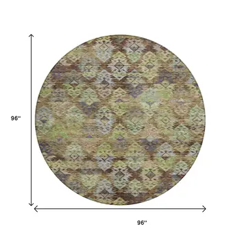 8' Brown Green And Blue Round Aztec Washable Indoor Outdoor Area Rug