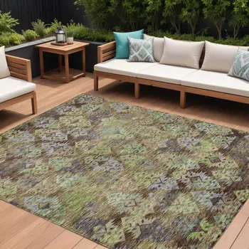 9' X 12' Brown Green And Blue Aztec Washable Indoor Outdoor Area Rug