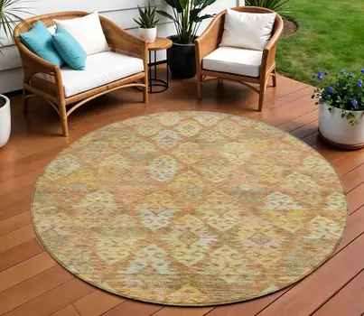 8' Copper Beige And Gold Round Aztec Washable Indoor Outdoor Area Rug