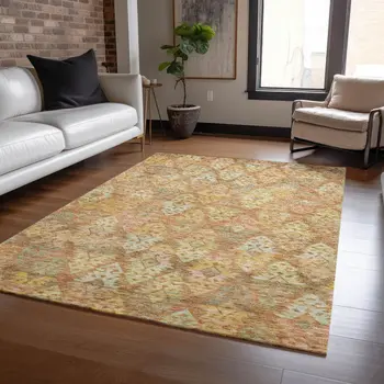 8' X 10' Copper Beige And Gold Aztec Washable Indoor Outdoor Area Rug