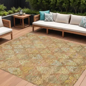 10' X 14' Copper Beige And Gold Aztec Washable Indoor Outdoor Area Rug