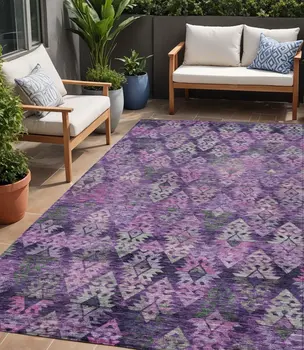 5' X 8' Eggplant Plum And Lavender Aztec Washable Indoor Outdoor Area Rug