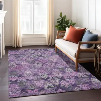 8' X 10' Eggplant Plum And Lavender Aztec Washable Indoor Outdoor Area Rug
