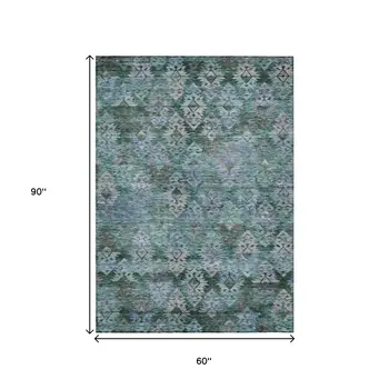 5' X 8' Emerald Green And Gray Aztec Washable Indoor Outdoor Area Rug