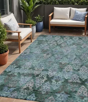 5' X 8' Emerald Green And Gray Aztec Washable Indoor Outdoor Area Rug