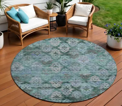 8' Emerald Green And Gray Round Aztec Washable Indoor Outdoor Area Rug
