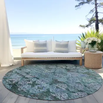 8' Emerald Green And Gray Round Aztec Washable Indoor Outdoor Area Rug