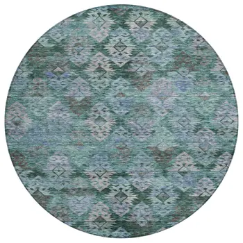 8' Emerald Green And Gray Round Aztec Washable Indoor Outdoor Area Rug