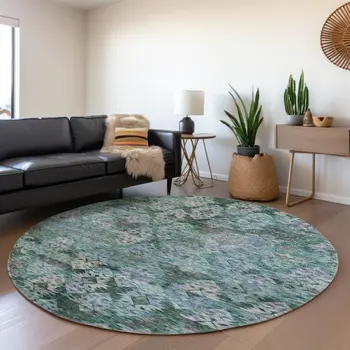 8' Emerald Green And Gray Round Aztec Washable Indoor Outdoor Area Rug