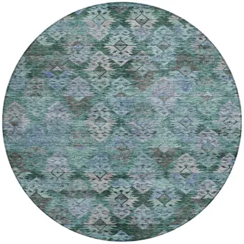 8' Emerald Green And Gray Round Aztec Washable Indoor Outdoor Area Rug