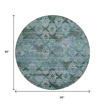 8' Emerald Green And Gray Round Aztec Washable Indoor Outdoor Area Rug