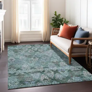 8' X 10' Emerald Green And Gray Aztec Washable Indoor Outdoor Area Rug